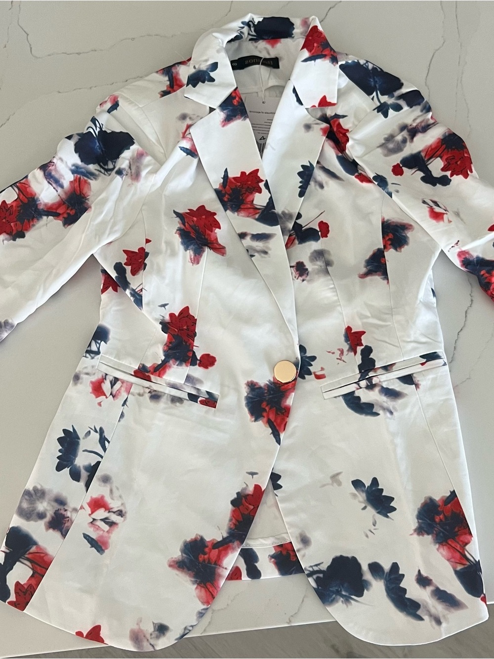 Floral White Blazer with Red & Navy Print